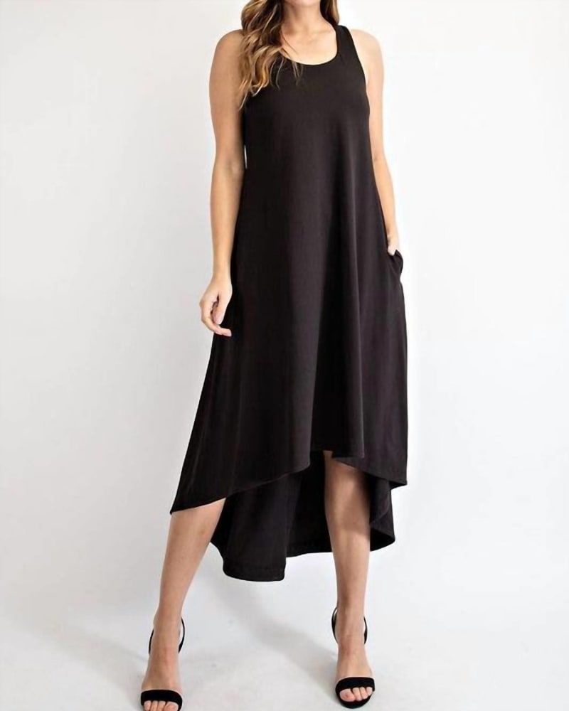 Front of a model wearing a size Large Taylor High-Low Dress in Black in Black by RAE MODE. | dia_product_style_image_id:342814